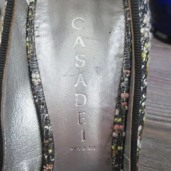 Near New Casadei Stiletto High Heels Peep Toe 9 Black Silver - Picture 7 of 16